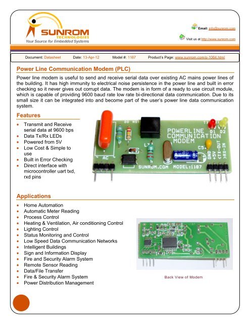 Power Line Communication Modem - Sunrom Technologies