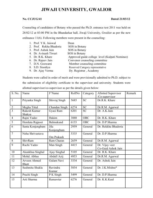 Botany - Counselling - Jiwaji University, Gwalior