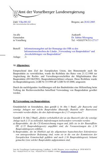 Informationsschreiben Vorarlberg "Verwendung von Bauprodukten"