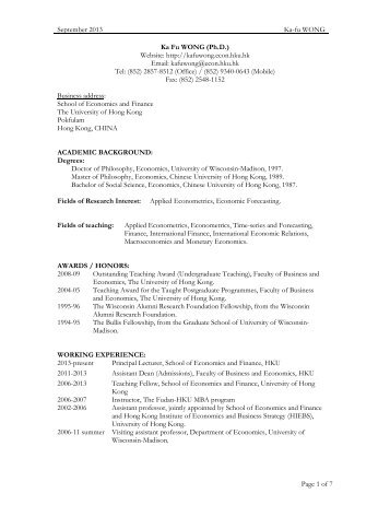 Curriculum Vitae - Ka-fu Wong - The University of Hong Kong