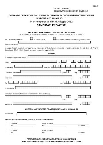 modulo domanda ammissione esami di diploma privatisti a.a.2011-12