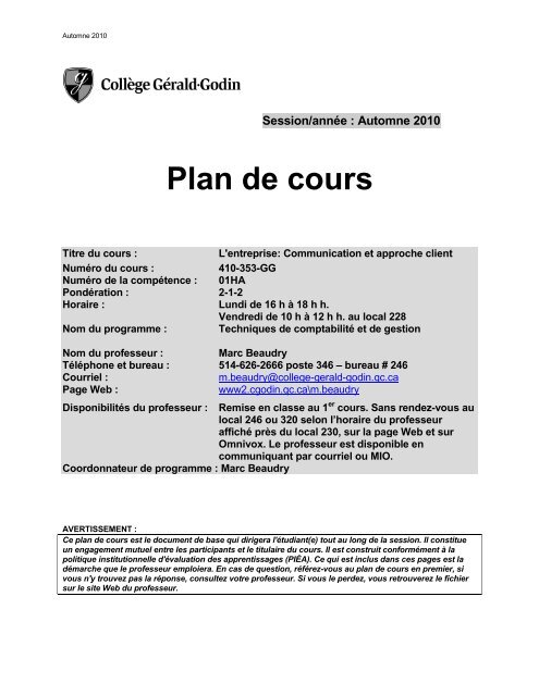 PLAN DE COURS TRIMESTRE AUTOMNE 2015