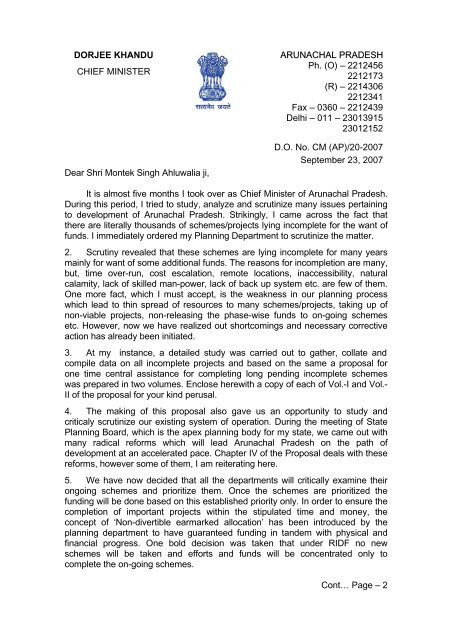 DO Letter of Shri Dorjee Khandu - Arunachalpwd.org