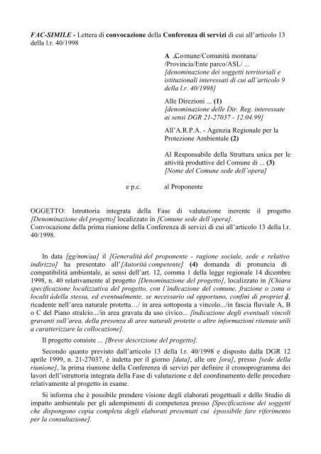 FAC-SIMILE - Lettera di convocazione della Conferenza di servizi di ...