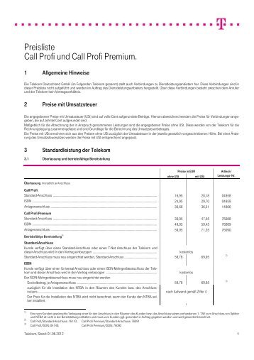 Preisliste Call Profi und Call Profi Premium.