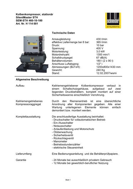 Kolbenkompressor, stationÃ¤r SilentMaster STH ... - Dt-druckluft.de