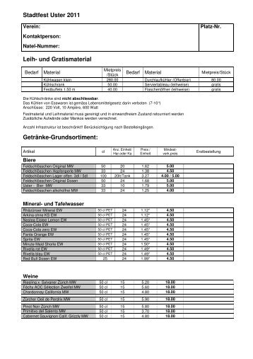 Getränke-Bestellliste - Stadtfest Uster 2011