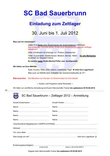 SC Bad Sauerbrunn Einladung zum Zeltlager