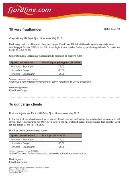 Til vore fragtkunder To our cargo clients - Fjord Line