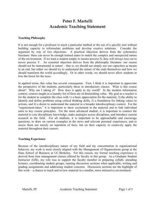 Peter F. Martelli Academic Teaching Statement