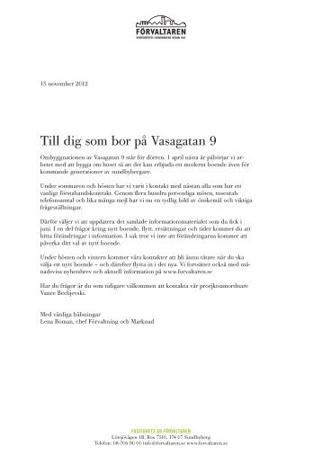 Till dig som bor pÃ¥ Vasagatan 9 - FÃ¶rvaltaren