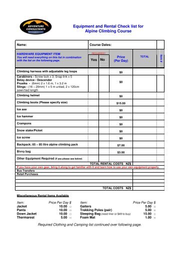 Equipment and Rental Check list for Alpine Climbing Course