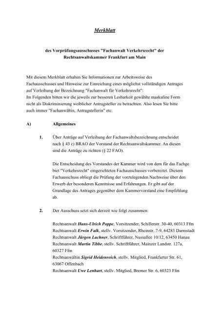 Verkehrsrecht (PDF) - Rechtsanwaltskammer Frankfurt am Main