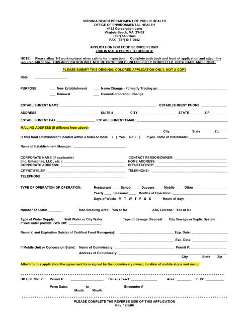 Application for Food Service Permit - Virginia Department of Health