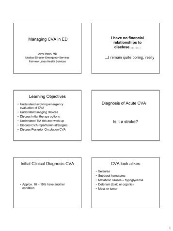 Managing CVA in ED Learning Objectives Is it a stroke? Diagnosis ...