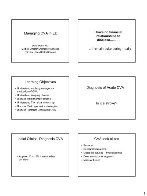 Managing CVA in ED Learning Objectives Is it a stroke? Diagnosis ...