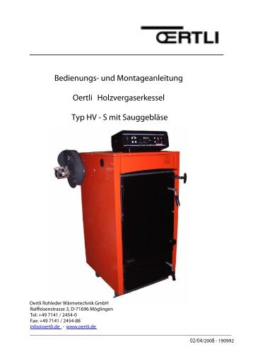 Bedienungs- und Montageanleitung Oertli Holzvergaserkessel Typ HV