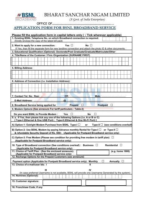 Application form for bsnl broadband service - Calcutta Telephones