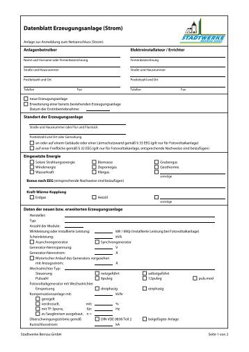 Datenblatt Erzeugungsanlage (Strom) - Stadtwerke Bernau