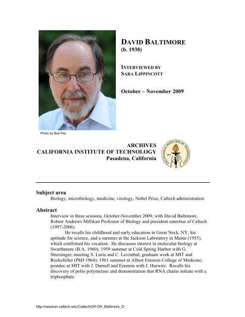 Interview with David Baltimore - Caltech Oral Histories