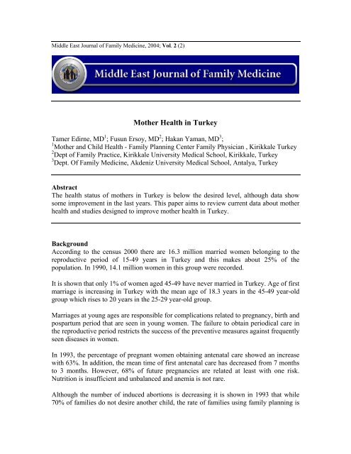 Mother Health in Turkey - Middle East Journal of Family Medicine