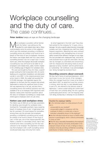 Workplace counselling and the duty of care. - BACP Workplace