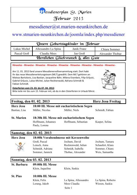 Messdienerplan Februar 2013 - Kath. Kirchengemeinde St. Marien ...
