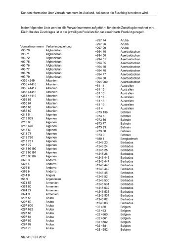Kundeninformation über Vorwahlnummern im Ausland, bei denen ein