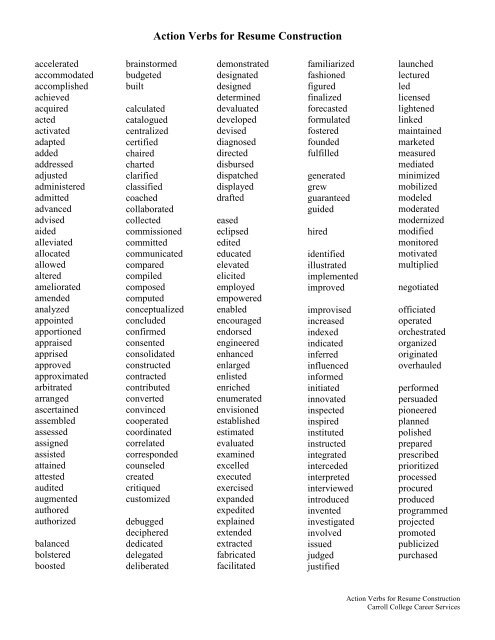 Action Verbs for Resume Construction - Carroll College