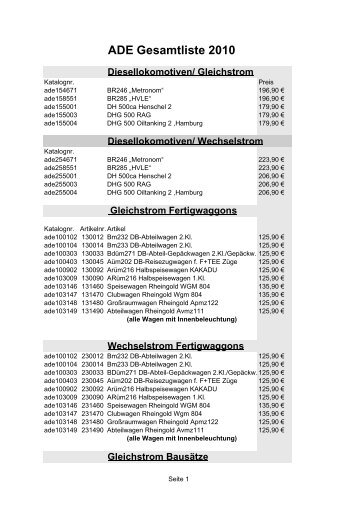 ADE Gesamtliste 2010 Diesellokomotiven/ Gleichstrom