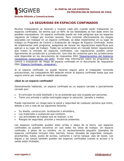 LA SEGURIDAD EN ESPACIOS CONFINADOS - Sigweb