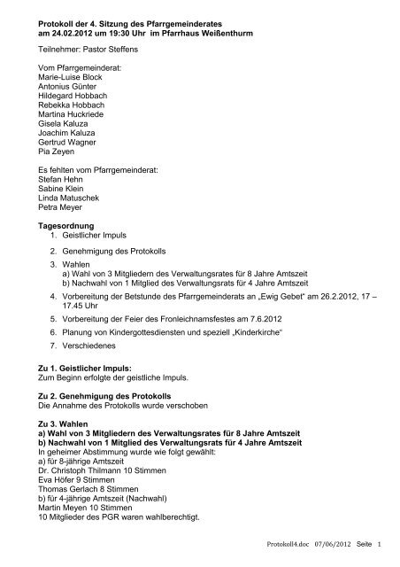 Protokoll der 4. Sitzung des Pfarrgemeinderates am 24.02.2012 um ...