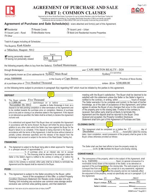 AGREEMENT OF PURCHASE AND SALE PART 1: COMMON ...