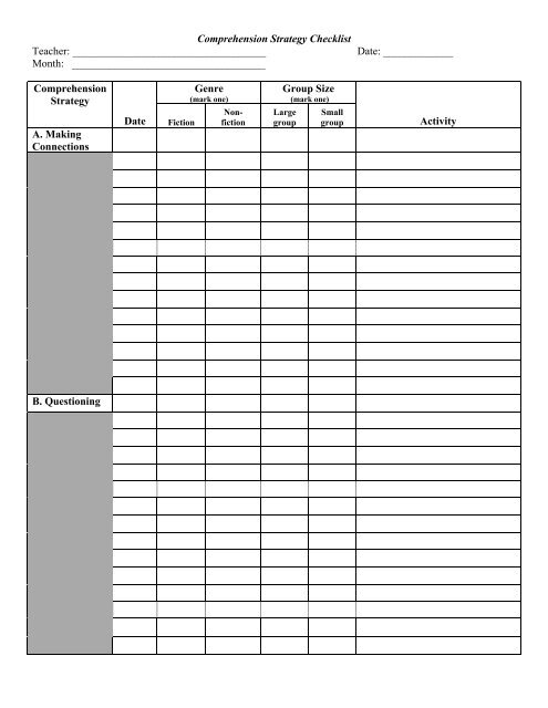 Comprehension Strategy Checklist Teacher: Date: ______ Month: