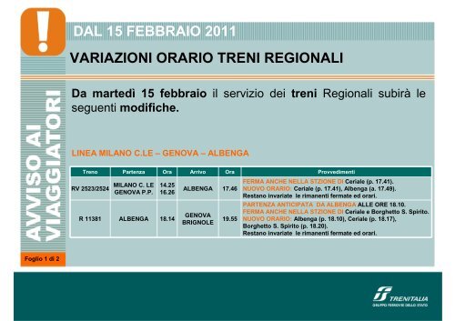 dal 15 febbraio 2011 variazioni orario treni regionali - Trenitalia
