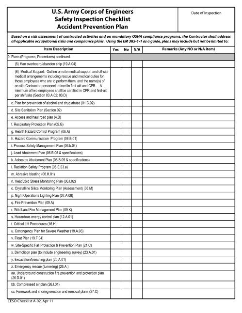 U.S. Army Corps of Engineers Safety Inspection Checklist Accident ...