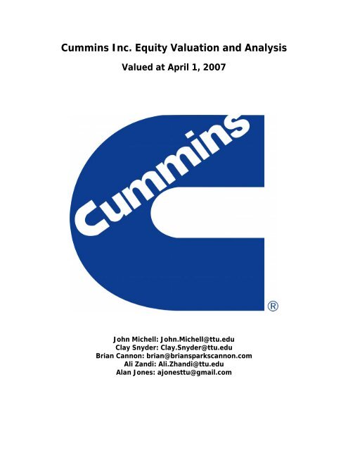 Cummins Inc. Equity Valuation and Analysis