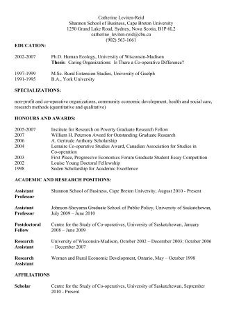 Catherine's CV - Centre for the Study of Co-operatives