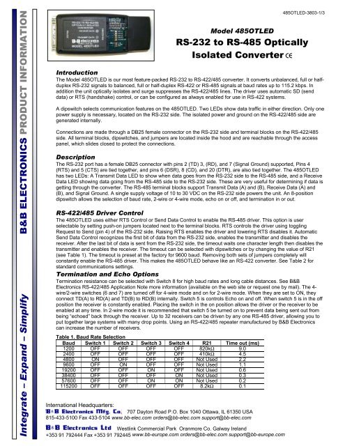 485OTLED - Datasheet - RS-232 to RS-485 Optically ... - Wantronix