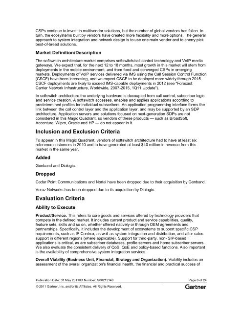 Research Magic Quadrant for Softswitch Architecture - Genband