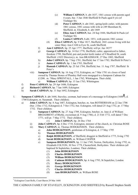 the cadman family of eckington and sheffield - Freepages