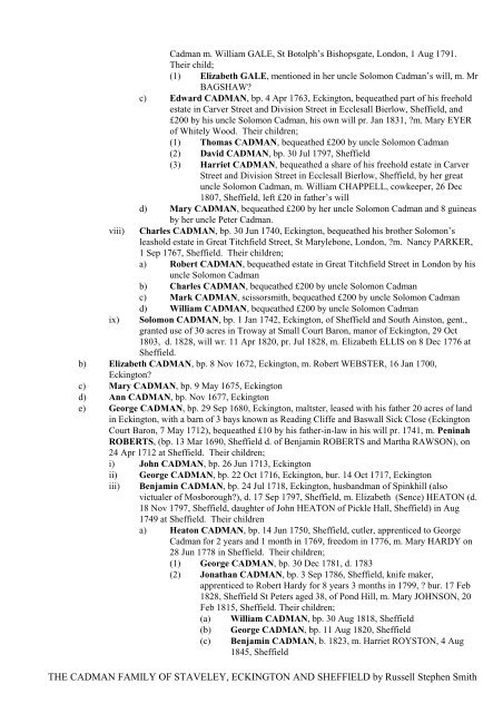 the cadman family of eckington and sheffield - Freepages