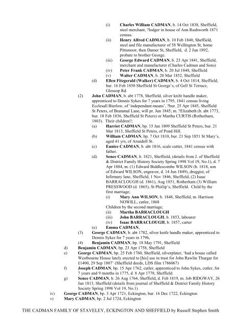 the cadman family of eckington and sheffield - Freepages