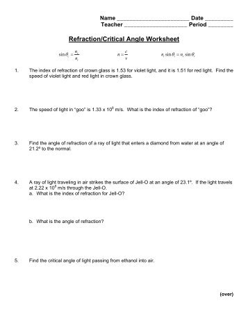 Refraction/Critical Angle Worksheet