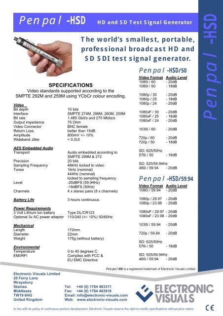 Penpal -HSD HD and SD Test Signal Generator ... - Electronic Visuals