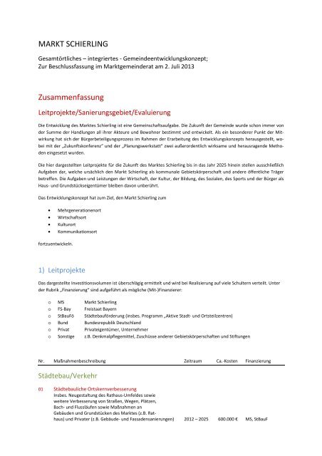 Zusammenfassung Leitprojekte/Sanierungsgebiet ... - Markt Schierling