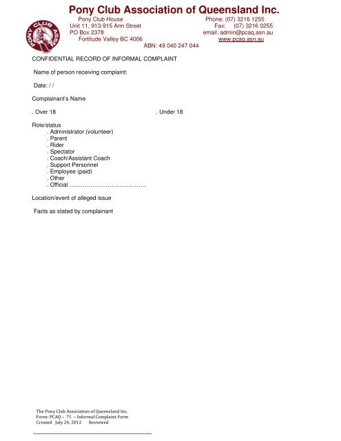 Informal Complaint Form - Pony Club Association of Queensland