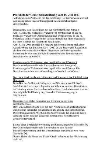 Protokoll der Gemeinderatssitzung vom 15. Juli 2013