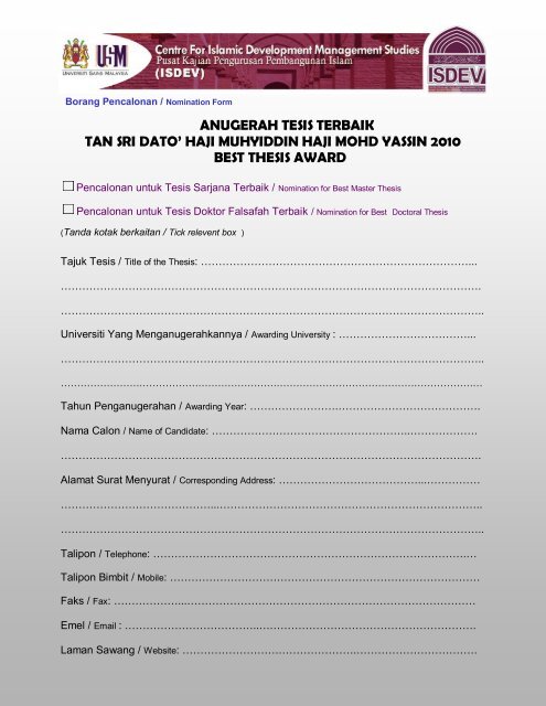 ANUGERAH TESIS TERBAIK TAN SRI DATO' HAJI ... - USM