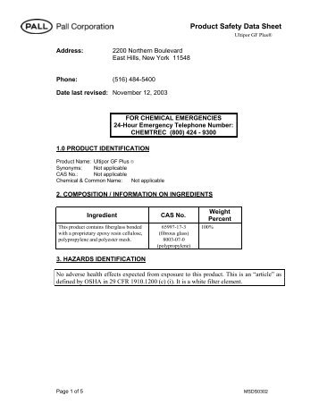 Product Safety Data Sheet Ultipor GF Plus - Pall Corporation (PLL)